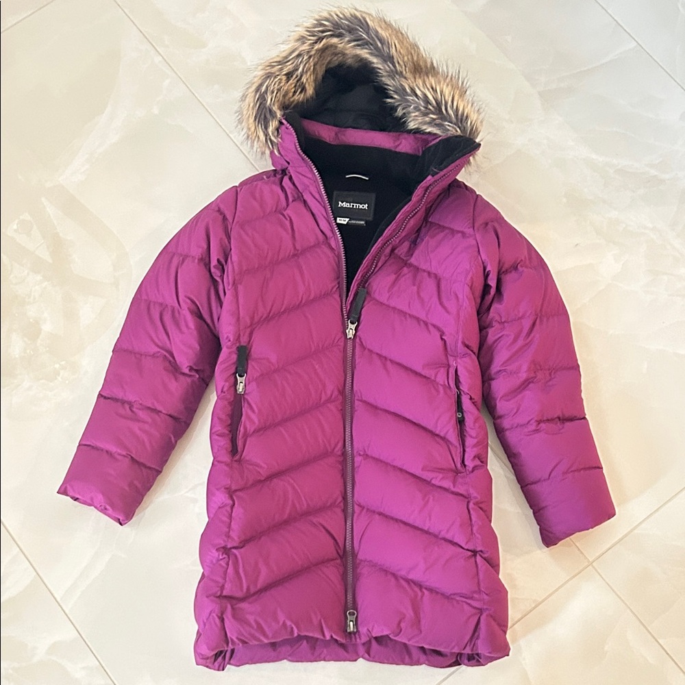 Marmot Violet Down Coat with Faux Fur Trim